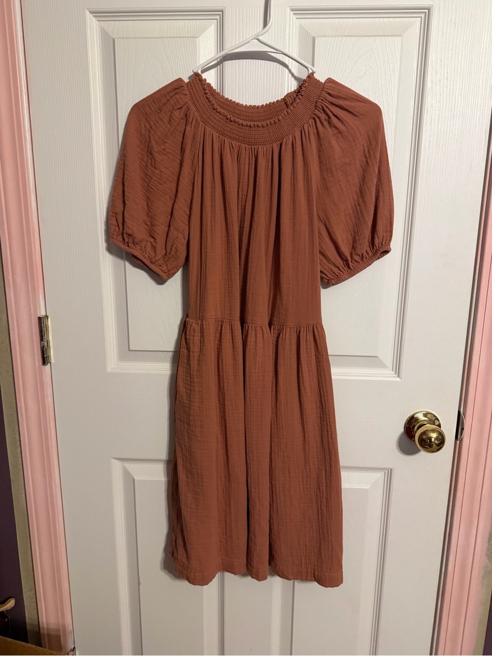 Universal Thread Rust Midi Dress with Smocked Neck and Puff Sleeves